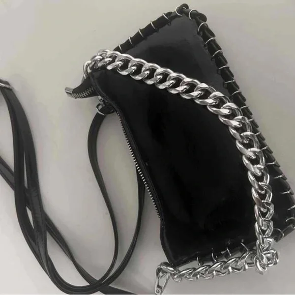 Black Patent Crossbody Bag with Silver Chain - Picture 2 of 10